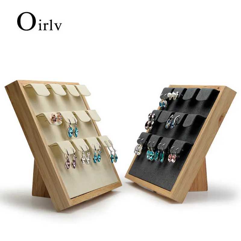 Oirlv free shipping beige or dark gray color earring ear stud display wooden material display showcase Jewelry Packaging