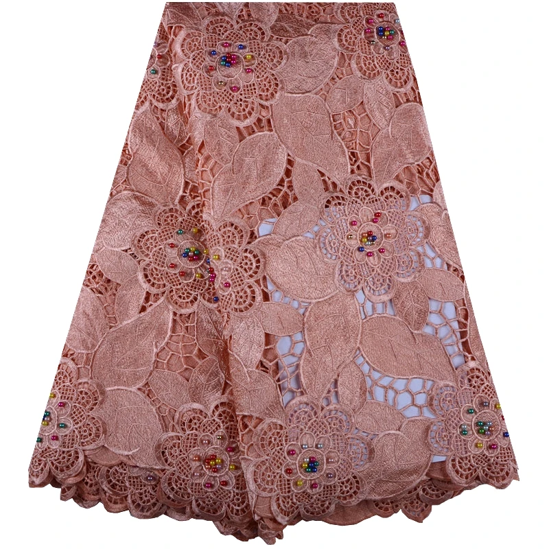 

Peach Color African Lace Fabric 2018 African Guipure Cord Lace High Quality Embroidery Beaded Lace Fabric For Wedding F1016