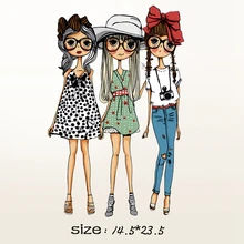 

2pcs Korea T-shirt Three Girls Offset Heat Printing Patch 14.5*23.5cm Butterfly Knot Headdress Iron on Patchwork for DIY Clothes