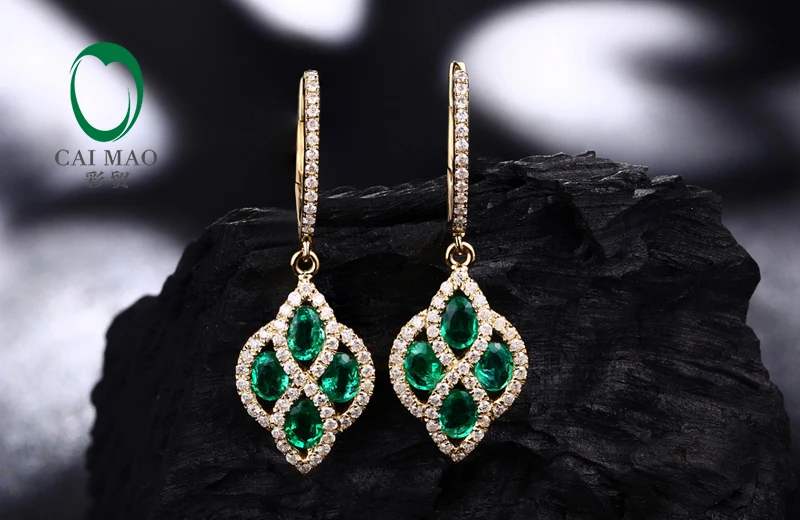 Caimao Jewelry Romantic 14K Yellow Gold Natural Emerald & Diamond Anniversary Engagement Drop Earring