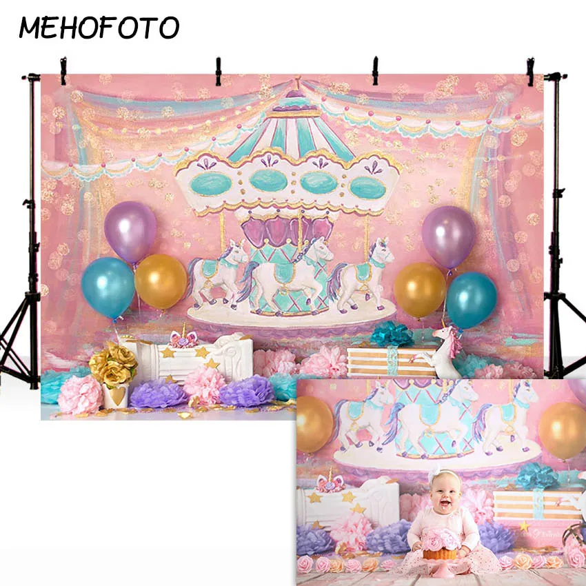 

MEHOFOTO Customize Vinyl Photography Background Pink Carousel Ribbon Spots Unicorn Balloon Newborn Birthday Party Photo Backdrop