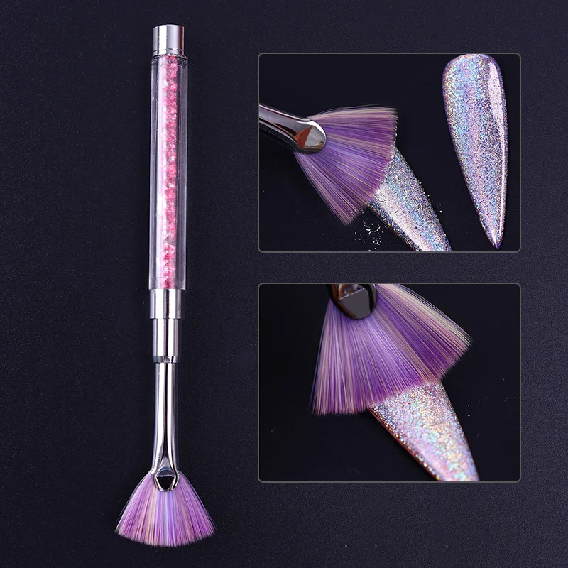 

Nail Cleaning Brush Fan Shape Gardient Pink Rhinestone Handle Dust Glitter Powder Remover Pen Manicure Nail Art Tools