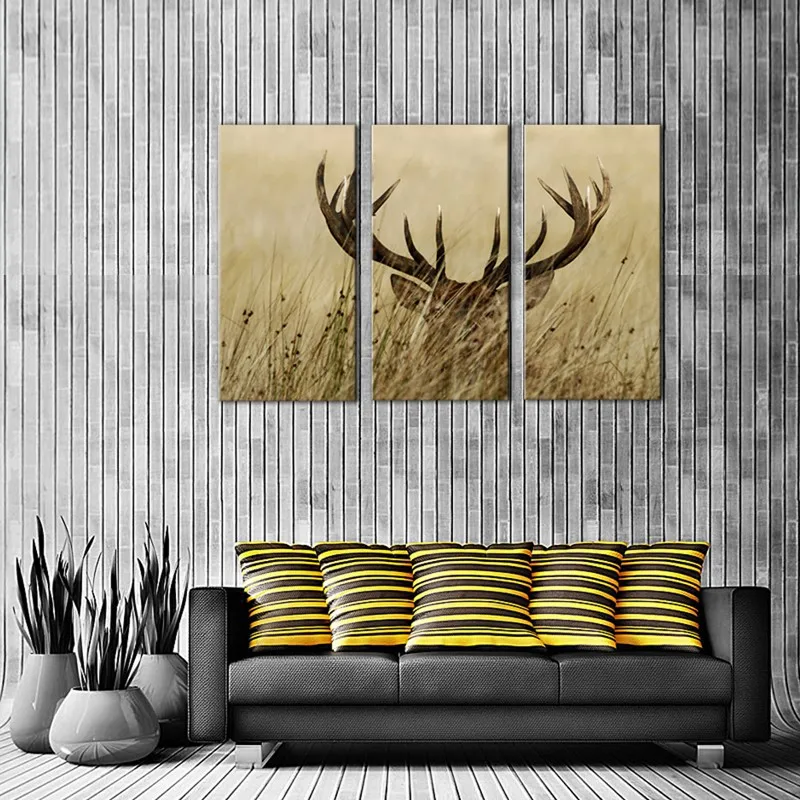 

3 Panel Wall Art Deer Stag With Long Antler in The Bushes Painting Print On Canvas Animal Pictures For Home Office Decor