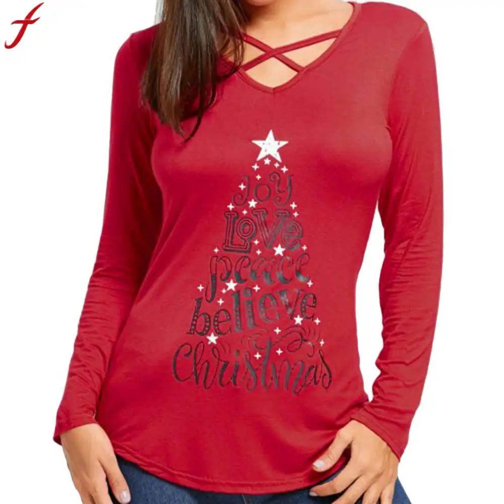 

Fashsiualy Front Cross Tunic Tops For Women Long Sleeve Shirt Christmas Printed V Neck Long Sleeve Irregular Shirt Blouse blusas