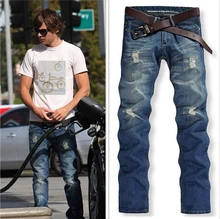 2016 Качество Мужчины Denim отверстия Джинсы Брюки разрушенные Мужчины Молнии Брюки Джинсы Синие Джинсы Slim Fit