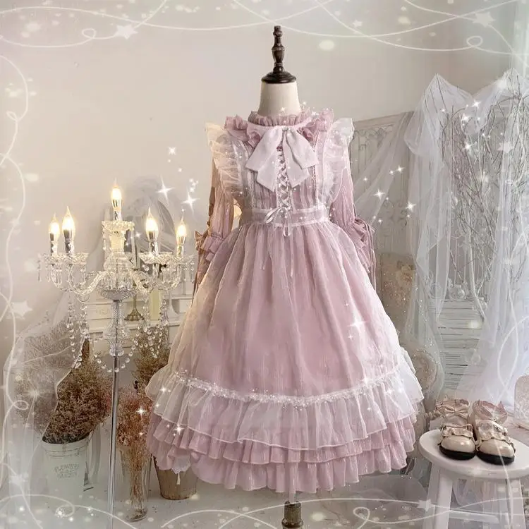 

Pink lolita dress vintage stand lace bowknot victorian dress kawaii girl gothic lolita op palace sweet princess dress loli cos