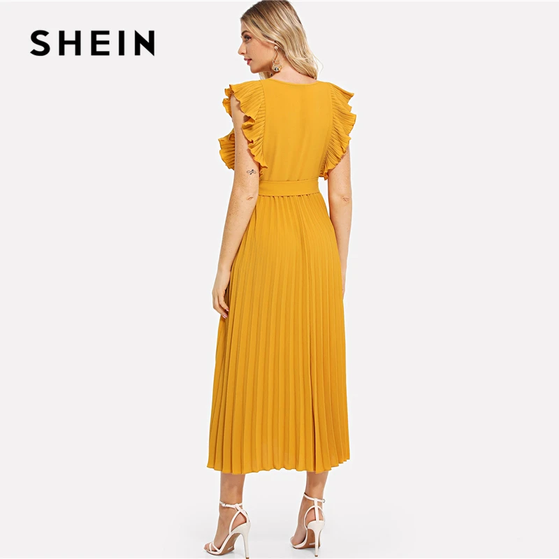 SHEIN Yellow Ruffle Trim Pleated Wrap Dress Casual Elegant V Neck Short Sleeve Shift Dresses Women Flounce Sleeve Summer Dress SHEIN Yellow Ruffle Trim Pleated Wrap Dress Casual Elegant V Neck Short Sleeve Shift Dresses Women Flounce Sleeve Summer Dress
