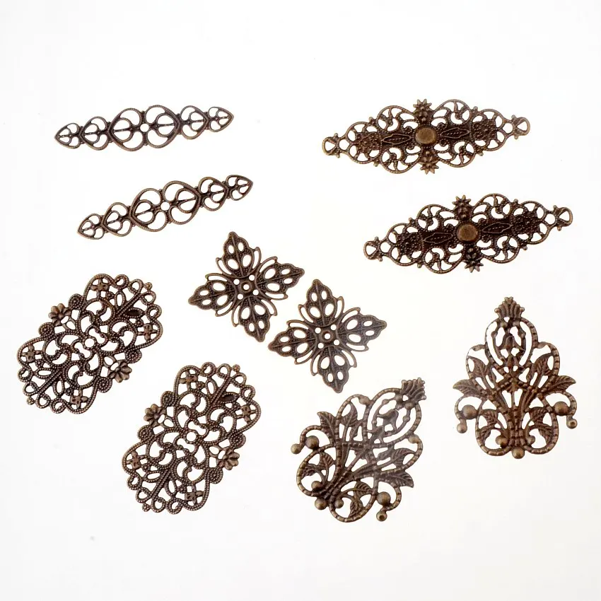 50Pcs Mixed Bronze Tone Filigree Wraps Connectors Metal Crafts Gift Decoration DIY 25x25mm-61x24mm J3544