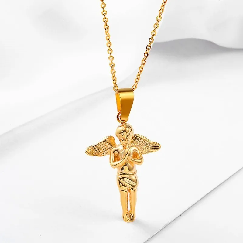 RIR ожерелье из нержавеющей стали с птичьими перьями для мужчин и женщин маленький ангел подвеска на цепочке-ожерелье хип-хоп модные ювелирные изделия - Окраска металла: Gold