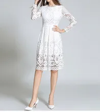 New 2019 Women Summer Hollow Out Long Sleeves Party Dress Elegant O-Neck Lace Dress Bohemian High Waist Solid A-Line Dresses ladylike style solid color scoop neck lace long sleeves slimming burnt out dress for women