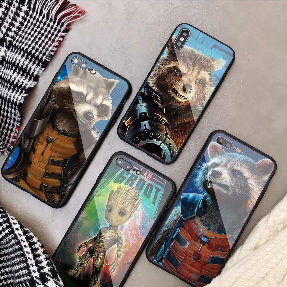 

Guardian Rocket Raccoon Groot Treeman Luxury toughened glass phone case For iPhone 5 5S SE 6 6plus 7 7plus 8 8plus X XR XS Max