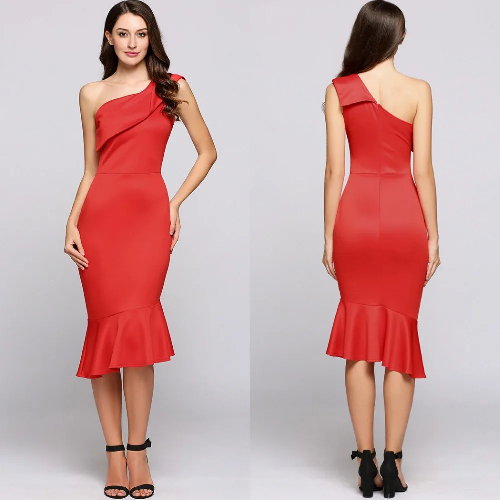 

Women Sexy One Shoulder Summer Bodycon Dress Elegant Slim Ruffles Sleeveless Mermaid Midi Evening Party Dresses
