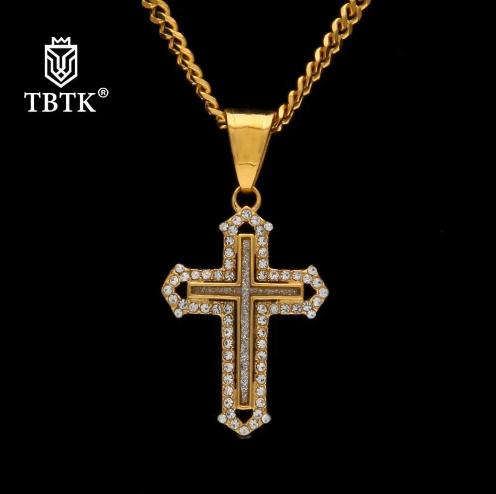 

TBTK Cross Sand Blast Pendant Gold Necklace Cuban Chain Micro-inlaid Shining Crystal Rhinestone Western Hiphop Style for Man
