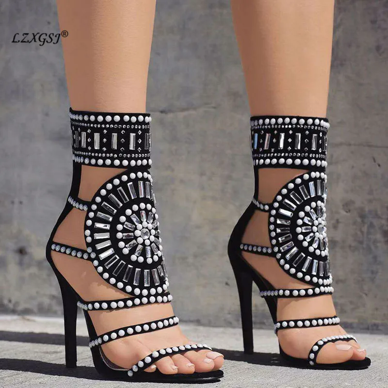 

LZXGSJ 2018 Summer Flock Crystal High Heels Sandals 11.5CM Women Zipper Glitter Cross Bling Chic Pump Ankle Wrap Casual Shoes