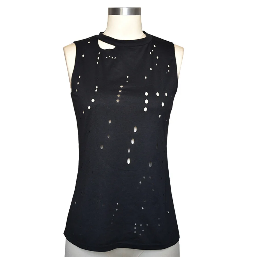 

Summer Fashion Women O Neck Sleeveless Top Solid Hole Hollow Out Tank Tops Casual Loose Beach Vest