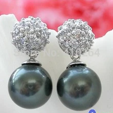 Wholesale_jewelry_wig$ 12 мм круглый черный South Sea Shell жемчуг болтаются серьги серебро 925