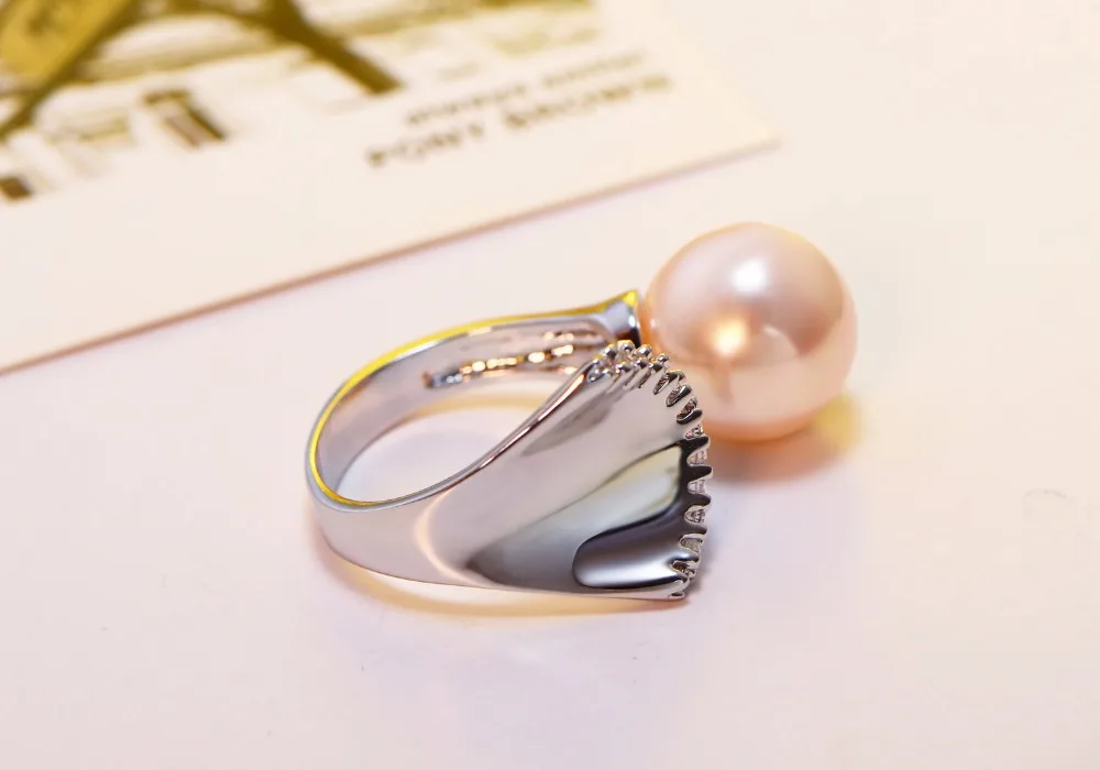 DC1989 Women Wedding Ring Mermaid Look 12 mm Synthetic Pearl 3 Colors CZ Paved Rhodium Color Femmes Anneaux Sizes 5 6 7 8 9 10