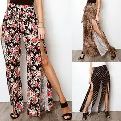 2019 женские Boho Цветочные Брюки в горошек леопардовые расклешенные брюки палаццо широкие брюки с высокой талией свободные брюки плюс размер