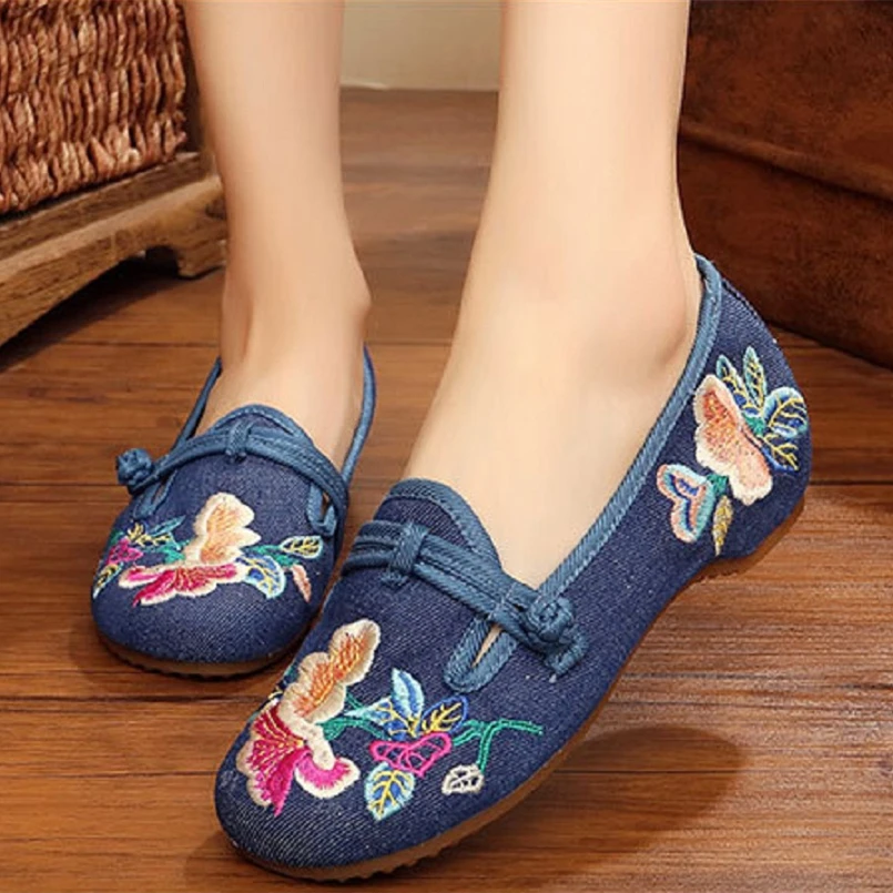 Marlisasa Women Fashion Round Toe Red Floral Embroidery Dance Shoes