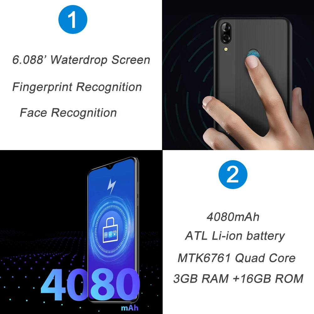 Сотовый телефон Blackview A60 Pro MTK6761 четыре ядра Android 9.0 4080 мАч 3 ГБ+16 ГБ экран Waterdrop