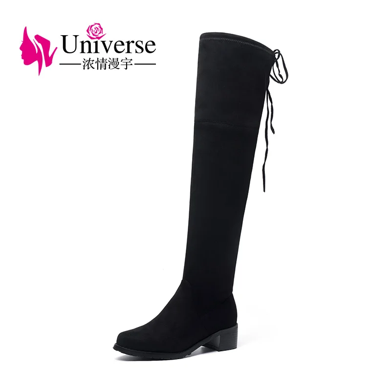 Universe stretch fabric women knee high boots med heel winter boots short plush lining thigh high boots  G395