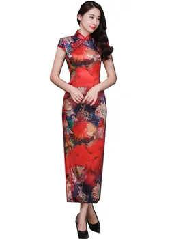 

Shanghai Story Top Quality Faux Silk Long Qipao Big Flower Print Chinese Cheongsam Dress Short Sleeve Chinese Oriental Dress