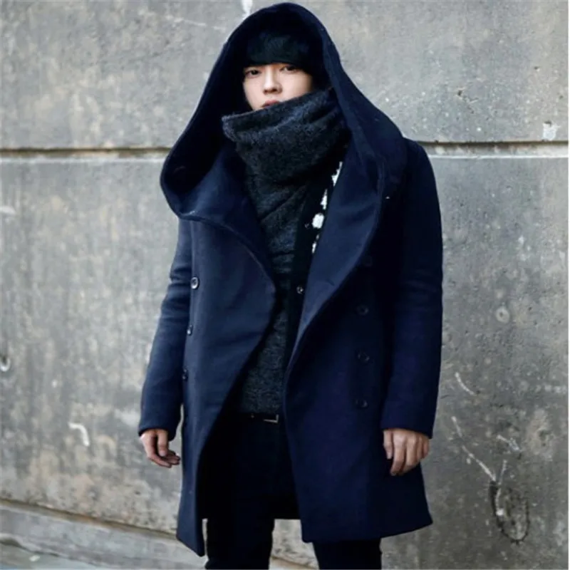 Мужское зимнее длинное приталенное шерстяное пальто с капюшоном, толстое шерстяное пальто с капюшоном, ветровка м