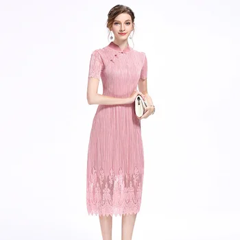 

Retro Pleats Dress Lace Buckle Slim Spring Summer Female Temperament Dress