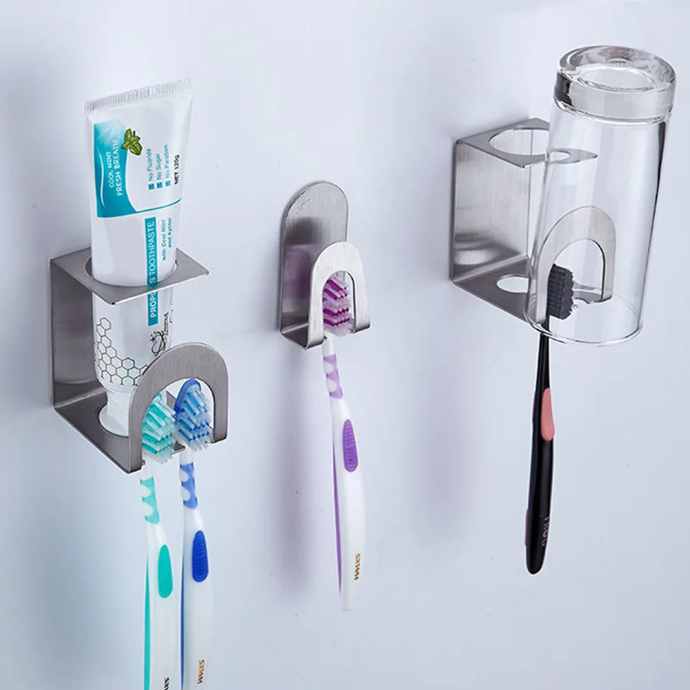 

Wall Mounted Toothpaste Self Adhesive Accessories Toothbrush Holder Mug Bathroom Multi-Purpose Holes Stainless Steel