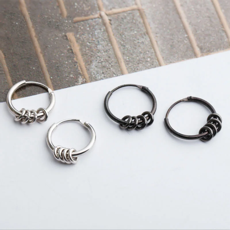 

925 Sterling Silver Hoop Earrings For Women Hipster Punk Hiphop Rock Black Ear Hoops Round Circle Jewelry Pendientes Earrings