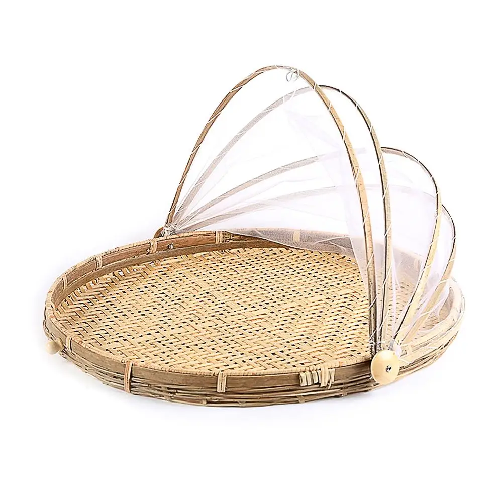 

Picnic Basket - Round Dustpan Handwoven Bamboo Holes Dust Insect-Proof Basket with Mesh Gauze Cover for Camping Supply