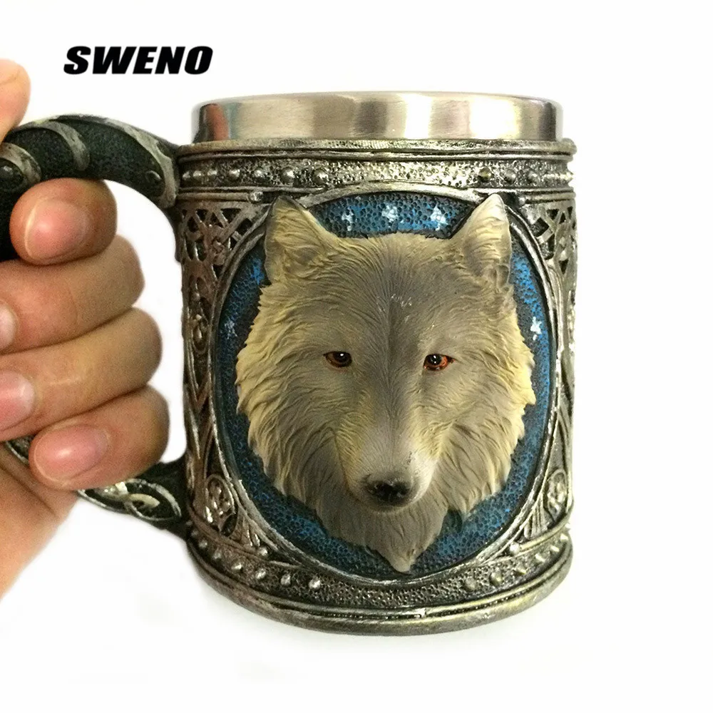 SWENO New Strange Wolf Head Mug 3D Resin Stainless Steel Cup Cartoon Animal Drinking | Дом и сад