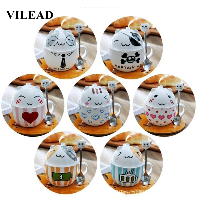 

VILEAD 300ml Ceramic Cartoon Cat Mug With Lid Ins Creative Simple Couple Tea Cup Coffee Cups Breakfast Milk Mugs For Student Kid