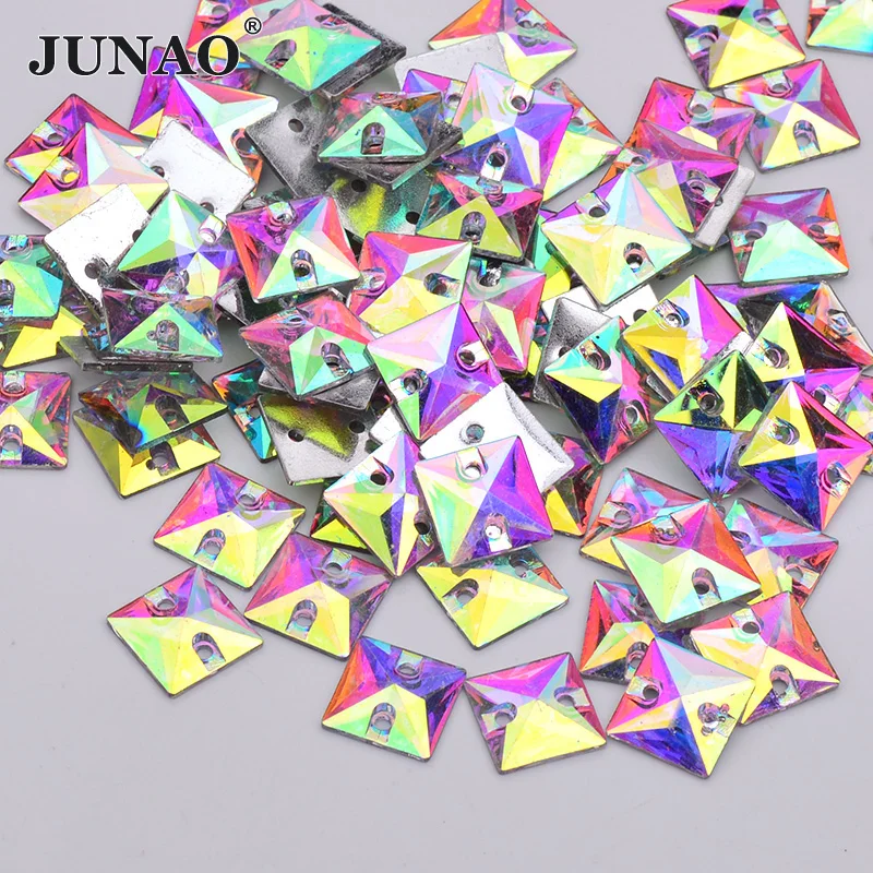 JUNAO, 100 шт., 10 мм, стразы для шитья с кристаллами AB, квадратная аппликация, стразы из смолы с плоским основанием, стразы для шитья одежды