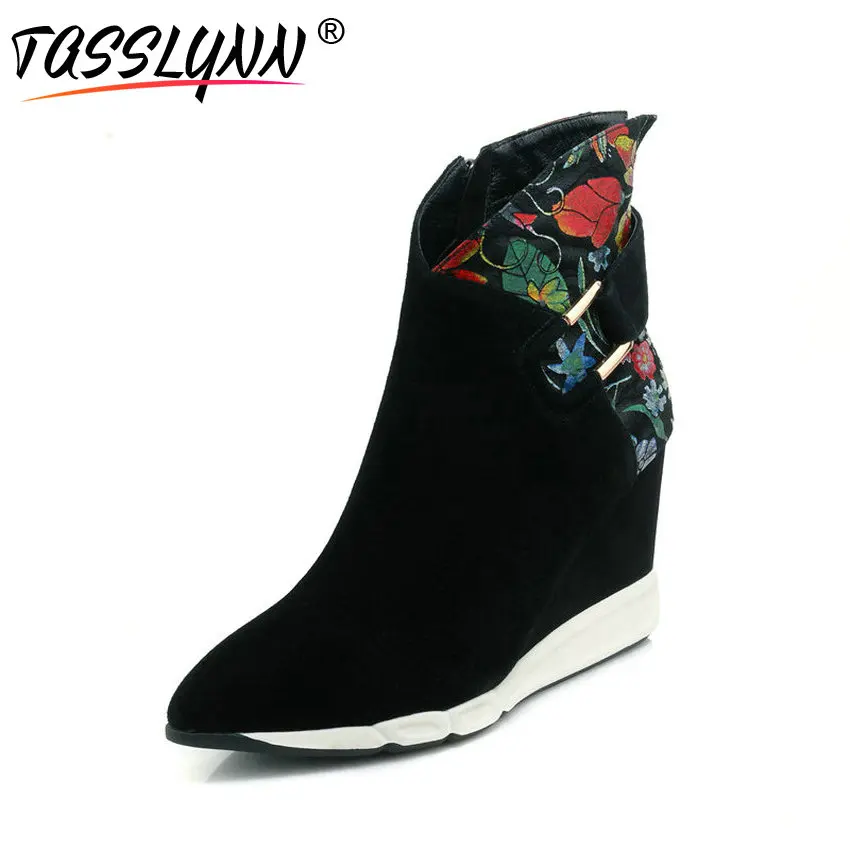 

TASSLYNN 2018 Autumn Women Boots Fashion Kid Suede Flower Woman Shoes Wedge Heels Ankle Boots Pointed Toe Casual Shoes Size 39