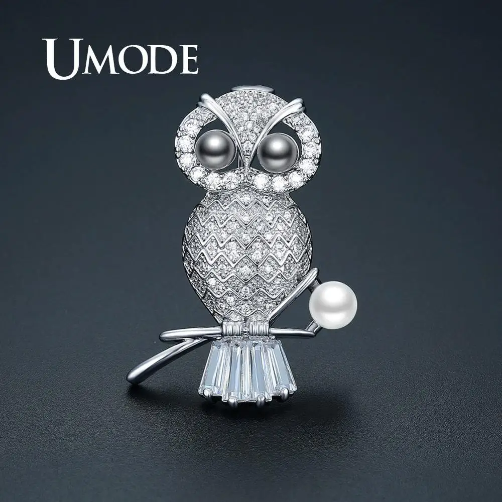 

UMODE Luxury CZ Crystal New Owl Pearl Brooches for Women Silver Color Brooch Pins Jewelry Suit Clothes Clips Accessories UX0014B