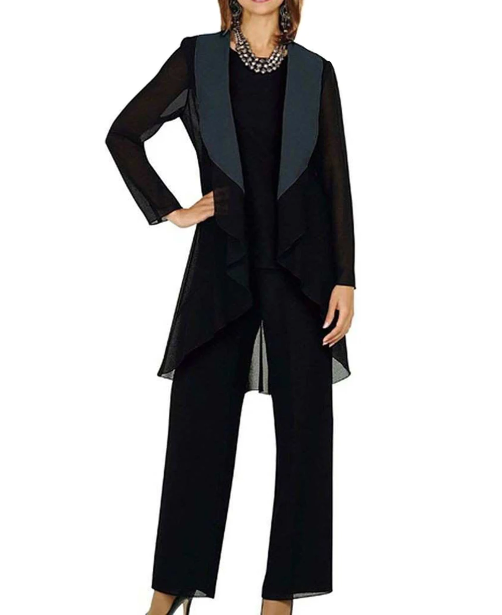 Vrouwen 3 stuks Gedrapeerde shawl Revers Chiffon moeder van de bruid jurk broek pak met jas outfit lange mouwen voor bruiloft 2019 Vrouwen 3 stuks Gedrapeerde shawl Revers Chiffon moeder van de bruid jurk broek pak met jas outfit lange mouwen voor bruiloft 2019