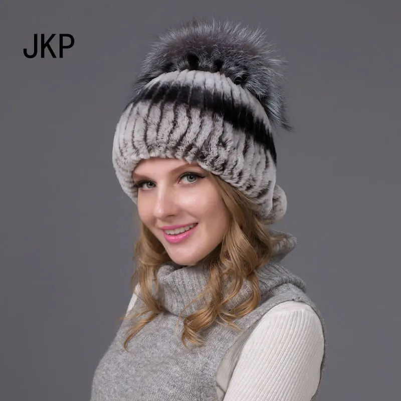 JKP новая зимняя модная женская вязаная меховая шапка из кроличьего меха Рекс с цветами серебристой лисы хорошего качества шапка THY-02 - Цвет: THY 02A