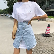 Новое поступление, Летняя асимметричная юбка с высокой талией, шикарная однобортная джинсовая юбка, пуговицы для юбки, декорированная мини-юбка