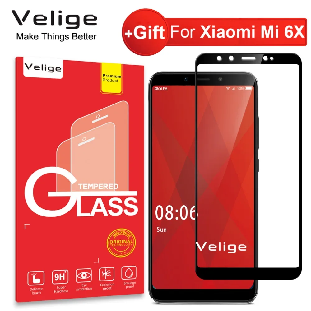 Закаленное стекло Velige 9H для Xiaomi Mi 6X Xiomi Mi6X четкость HD настоящее 2.5D 0 3 мм Полное