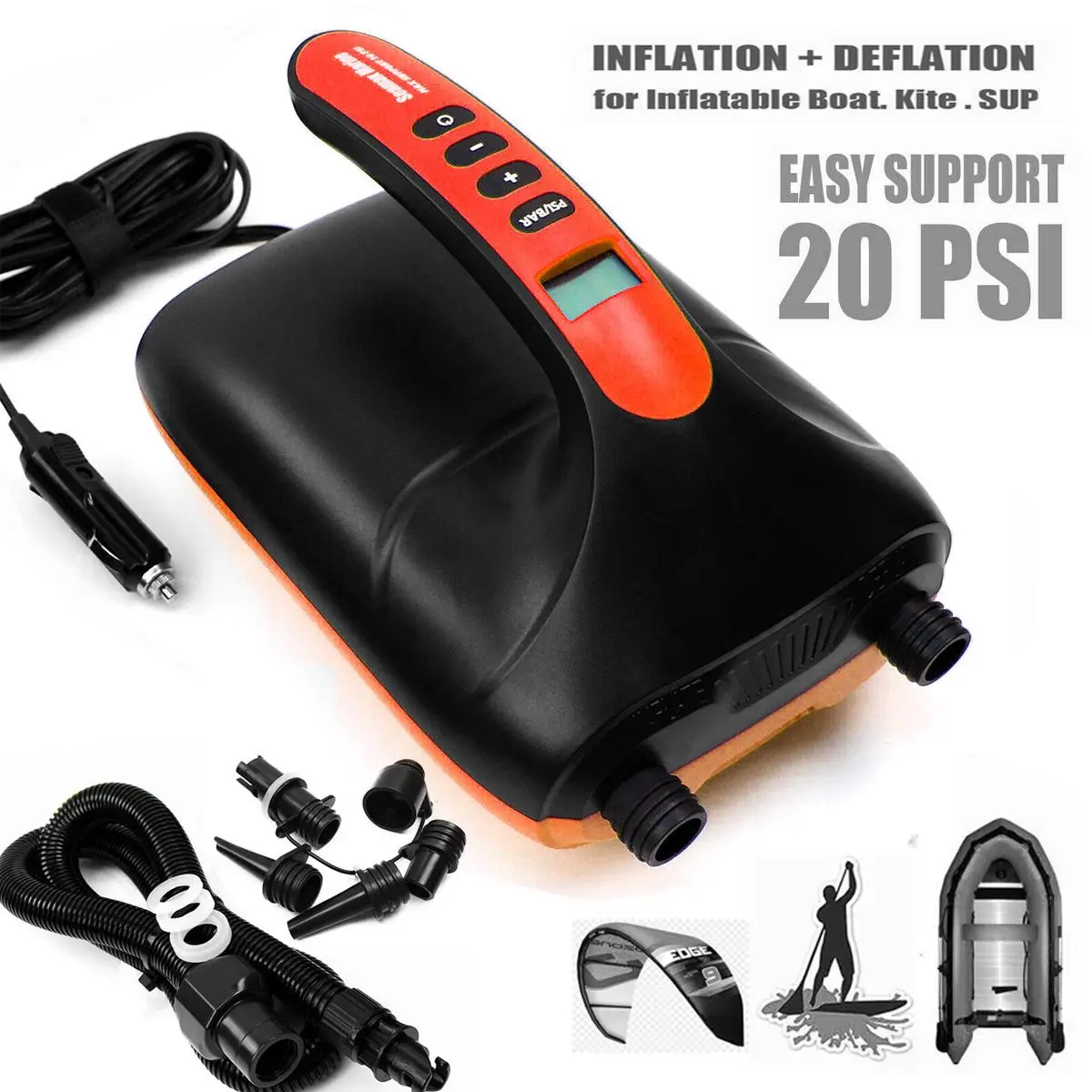 

Inflatable Pump 12v 16PSI Digital Air Pump High Pressure air pump with LED Digital Display 6 Nozzles for SUP Paddle Board Kayak