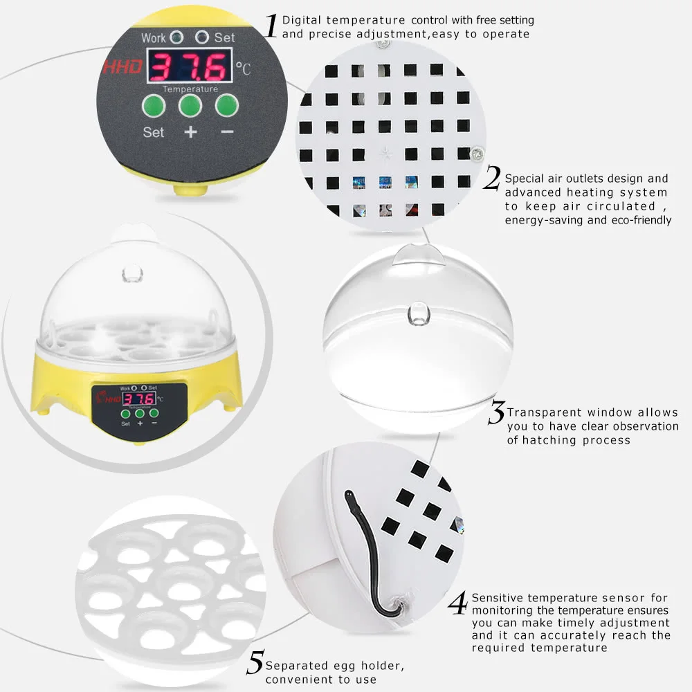 7pcs Egg Incubator Digital Poultry Incubator Automatic Temperature Hatcher 20W Electronic Display Thermostat Chicken Incubator 7pcs Egg Incubator Digital Poultry Incubator Automatic Temperature Hatcher 20W Electronic Display Thermostat Chicken Incubator