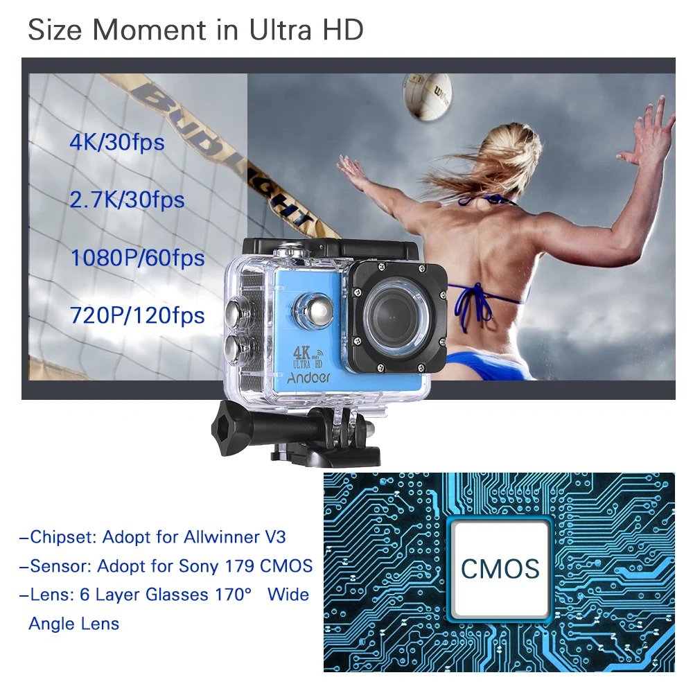 Экшн камера Andoer AN4000 4K 16 Мп Wi Fi 1080P 2 дюймовый ЖК экран широкоугольный объектив