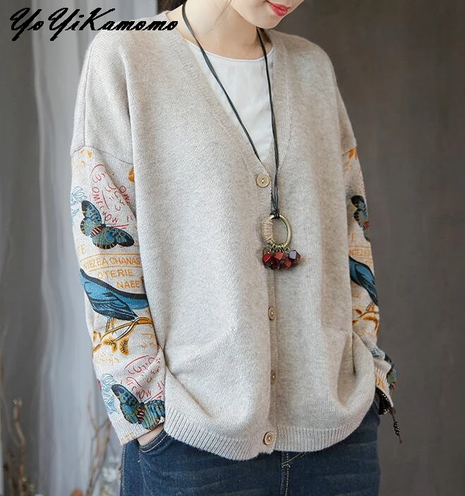 

Women Knitted Cardigans Single Breasted V neck 2018 Autumn Winter Long Sleeve Print Thin Coat Knitwear Loose Sweaters Knitting