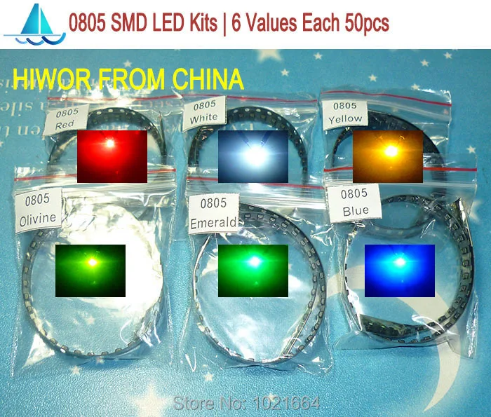 (300 шт./лот) 0805 SMD светодиодные наборы красный желтый синий изумрудно-зеленый