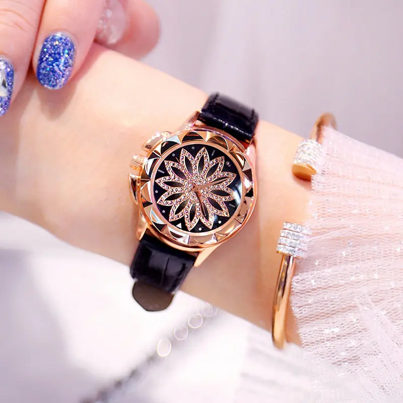 Женские часы с вращающимся циферблатом, роскошные часы с бриллиантами из розового золота, женские роскошные часы из натуральной кожи черного цвета, подарок - Цвет: Черный