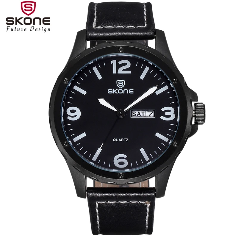 

SKONE Male Calendar Black PU Leather Strap Watches Men Analog Quartz Casual Watch Boys 2016 Hot Army Sports Wristwatch With Date