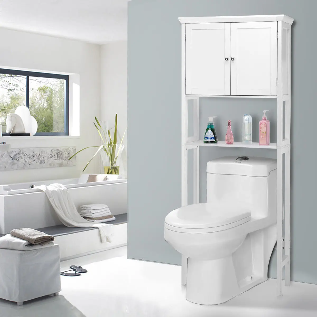 Giantex Toilet Storage Space Saver Towel Rack Shelf Modern Bathroom Cabinet Home Furniture HW57023