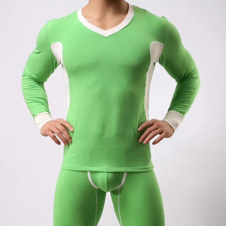 Новое поступление, высокое качество, мужские осенние тонкие теплые дышащие пижамы из чистого хлопка, комплект одежды для сна, мужские топы и штаны, комплект vestidos qkt02 - Цвет: green