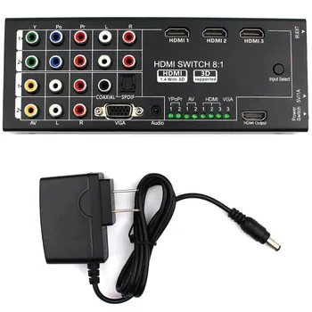 

Multi-functional HDMI Converter Switch 8 Inputs to HDMI+COAXIAL+SPDIF Output Support 3D and Surround Sound for 1080P HDTV